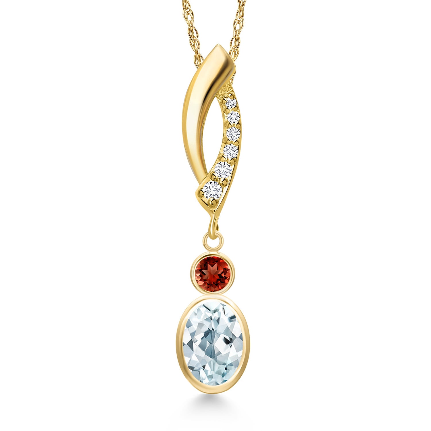 Gem Stone King 14K Yellow Gold Sky Blue Aquamarine and Red Garnet and Lab Grown Diamond Pendant Necklace for Women | 0.96 Cttw | Gemstone March Birthstone | Oval 7X5MM | With 18 inch Chain