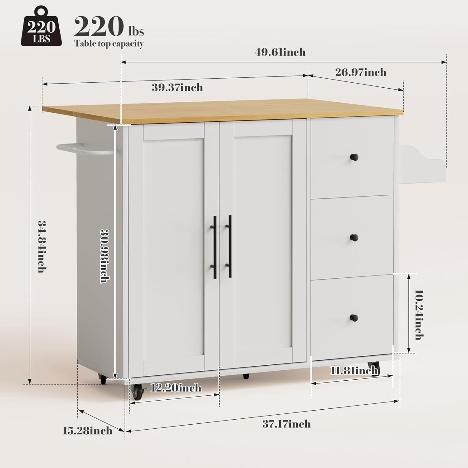 Rolling Kitchen Island Cart with Drop Leaf – Expandable White Cart with Drawers, Spice Rack & Towel Holder