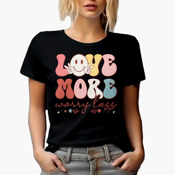 Love More Worry Less, Groovy Text, Retro Valentine's Day Gift, Black T-Shirt, Small