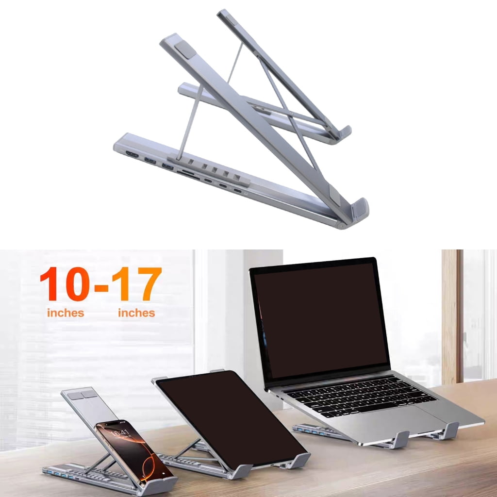 Aluminum Alloy 7 Port Foldable Notebook Stand with Docking Function Height Adjustment No External Power for Stability