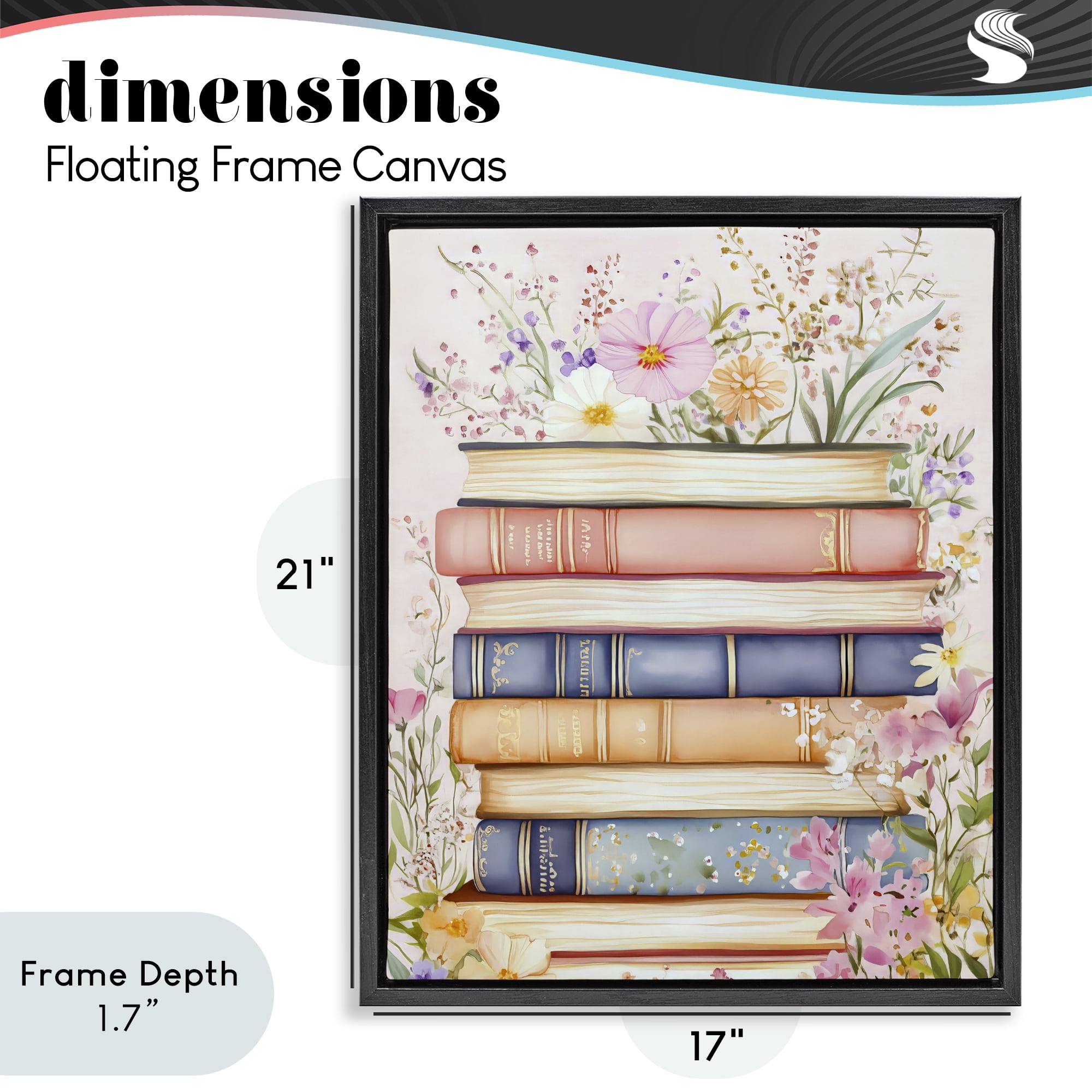 Stupell Industries Blooming Bookstack in Pastels Black Framed Floater Canvas Wall Art, design by LSR Design Studio