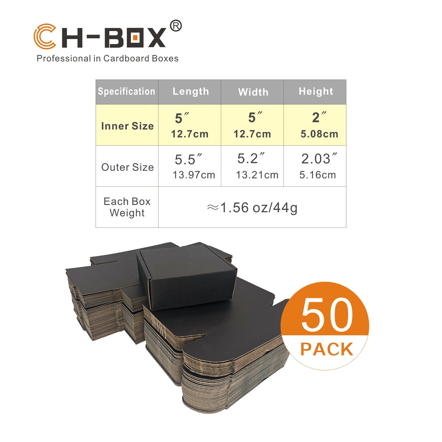 CH-BOX 50 Pack 5x5x2'' Small Corrugated Box Mailers Black Cardboard for Shipping Mailing Packaging (CM552B)
