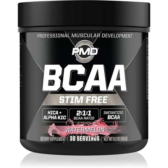 PMD Sports BCAA Stim-Free Amino Acids - Better Workout Performance, Enhanced Recovery, Daily Energy, Muscle Builder, and Muscle Sparing - BCAA Powder Drink Mix - Watermelon (30 Servings)
