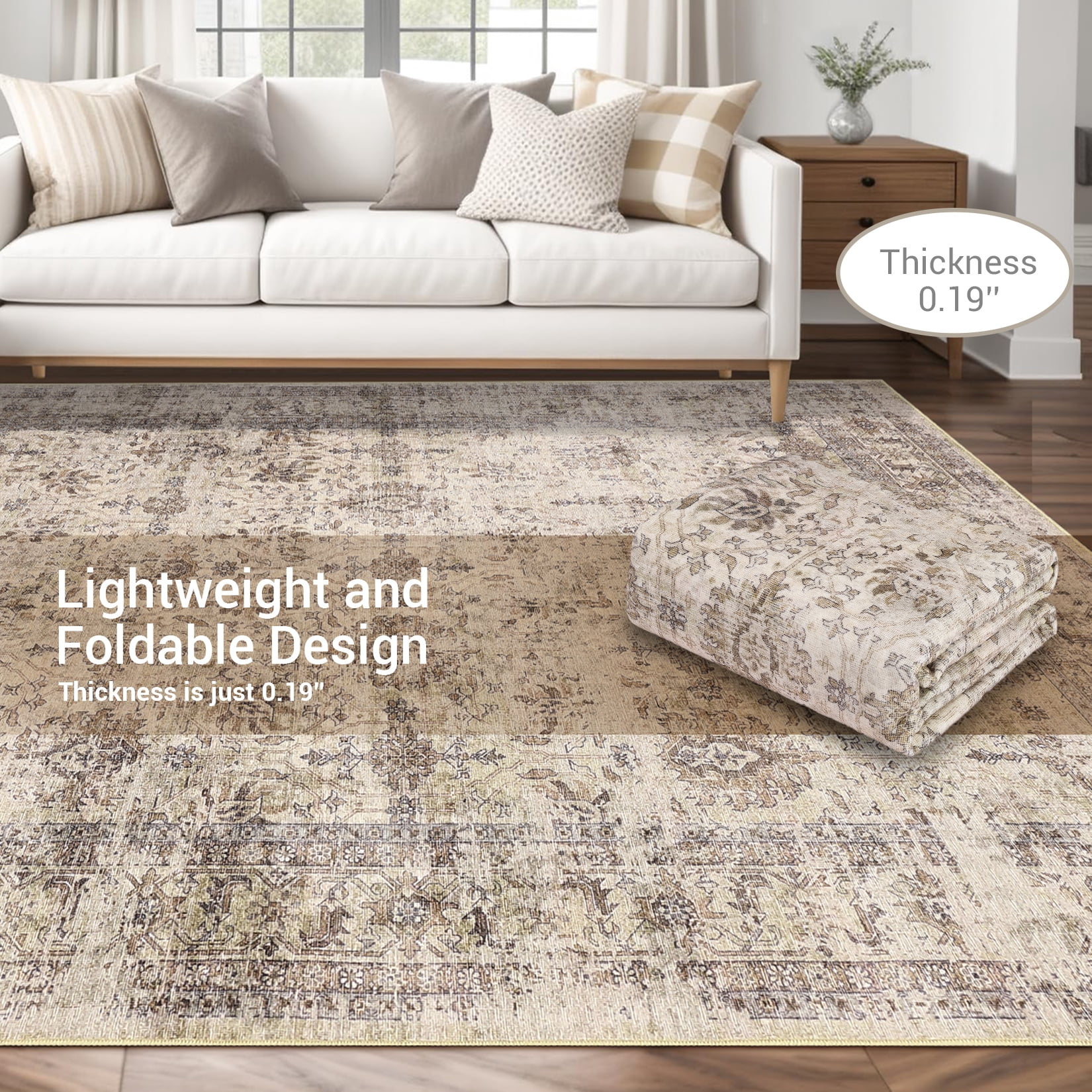 FairOnly 5'x7'Oriental Distressed Area Rug Machine Washable Non Slip Vintage Soft Indoor Floor Cover for Living Room Bedroom Office Study Room,Beige