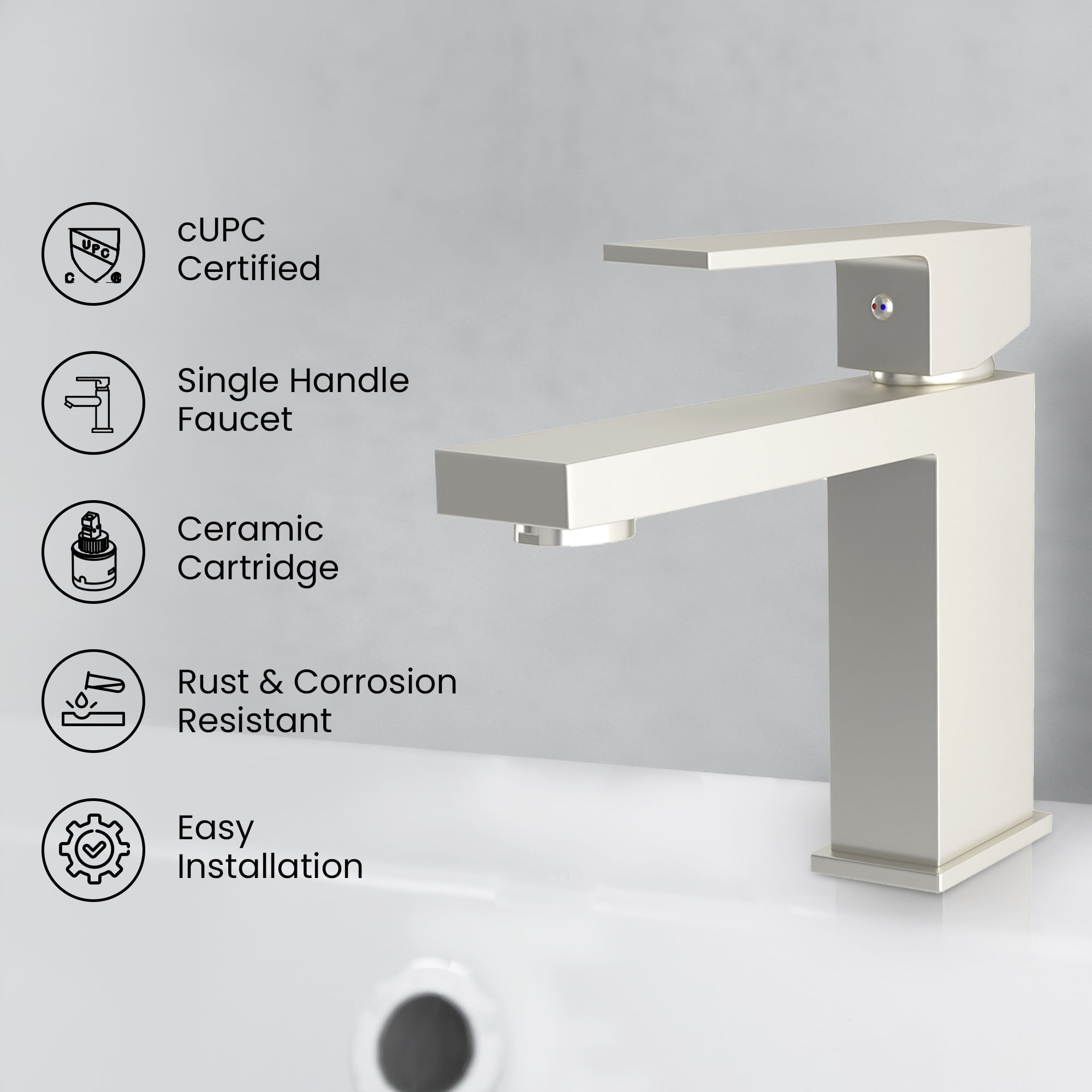 Ayna Decors Bathroom Sink Faucet Single Hole, Brass Single Handle Vanity Faucet with Pop Up Drain Stopper and Water Faucet Supply Lines (Brushed Nickel)