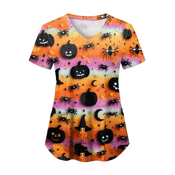 enyan Womens Halloween Shirts Funny Ghost Tshirts Halloween Short Sleeve Pumpkin Graphic Tee Tops Women's Halloween Shirt Orange,M