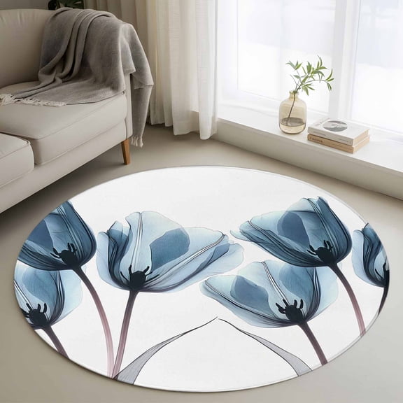 Navy Blue Tulip Round Area Rug 4 FT, Non Slip Indoor Outdoor Rug, Watercolor Farmhouse Floral Botanical Washable Soft Circular Carpet Non-Shedding Floor Mat for Coffee Table Nursery Foyer Balcony