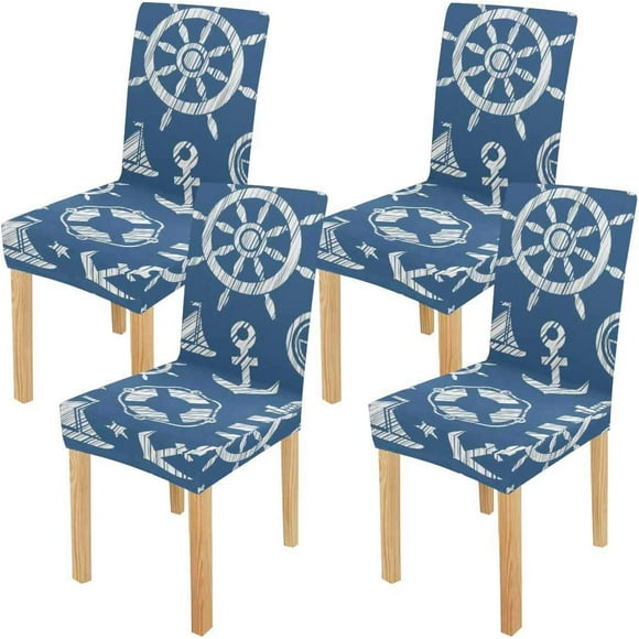 RYLABLUE Wheel Anchor Fish Ocean Sea Theme Stretch Chair Cover Protector Seat Slipcover for Dining Room Hotel Wedding Party Set of 4