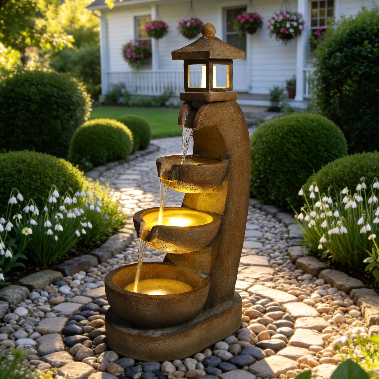 Mintazer 35.4" Pagoda Lantern Cascading Waterfall Fountain with LED Lights, Outdoor Garden Fountain for Patio Porch Backyard Landscape