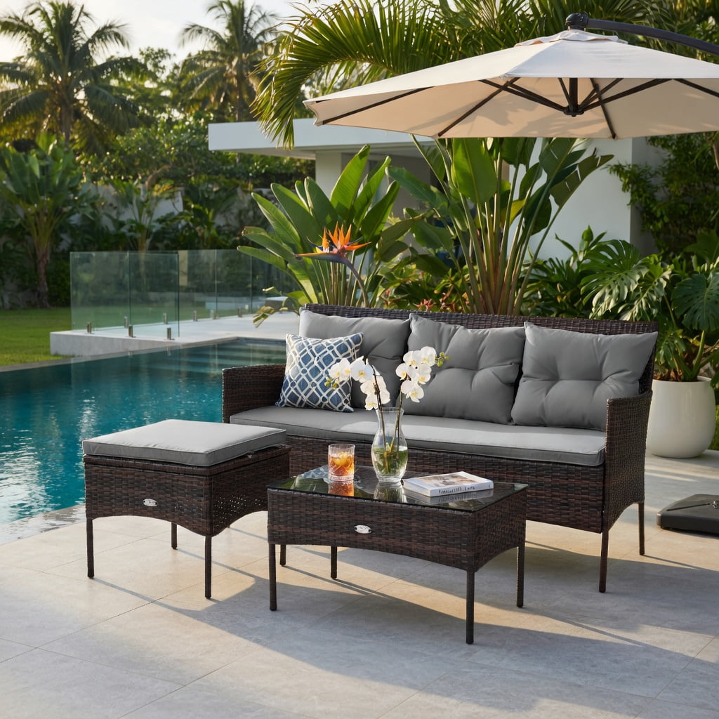 Hommoo 3-Piece Modern Outdoor Patio Sectional Set with Steel Frame, All-Weather Rattan Sofa, Ottoman & Tempered Glass Coffee Table, Includes 5 Cushions, Gray