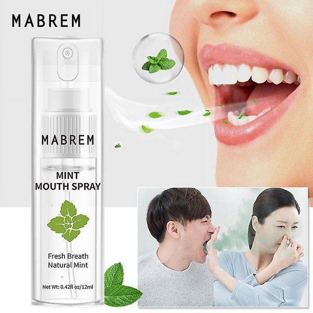 spray bucal de menta limpia la boca elimina el olor a humo elimina el mal aliento ambientador aliento — Atomizador transparente de 12 ml, vista frontal con boquilla superior y etiqueta con hoja de menta; primer plano de boca abierta y niebla blanca con hojas que sugiere efecto refrescante; cuadro secundario con personas y hojas. Uso: pulverizar 2–3 veces según instrucciones; suele llevarse en bolso para refrescar el aliento.