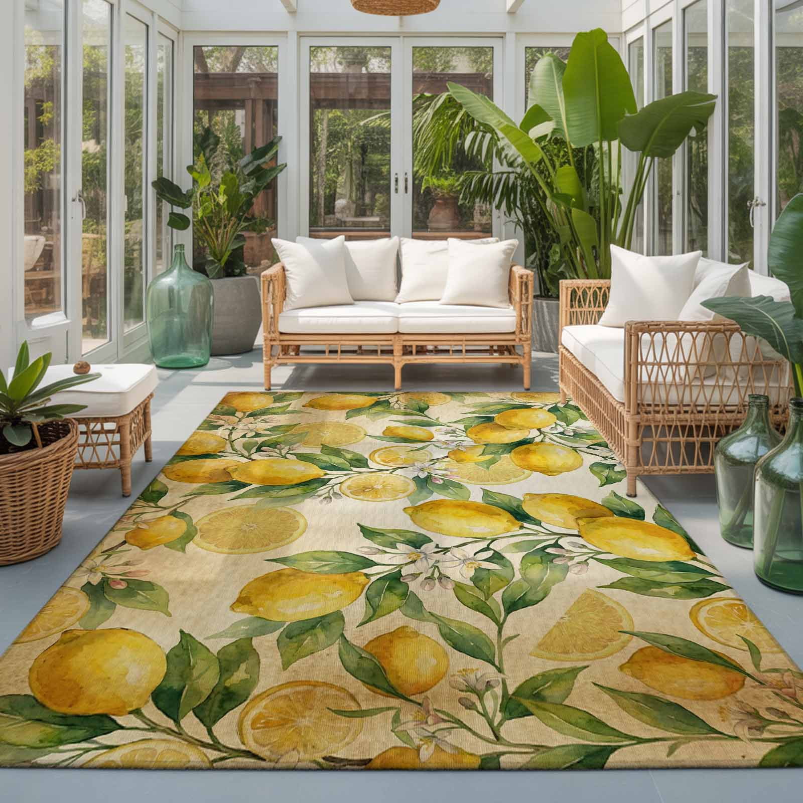 Large Area Rugs 8'x10', Lemon Carpet Runner Indoor Outdoor Rugs Home Decor Aesthetic, Farmhouse Vintage Summer Retro Fruits Yellow Brown Non Slip Mats Washable Accent Rug for Living Room Bedroom