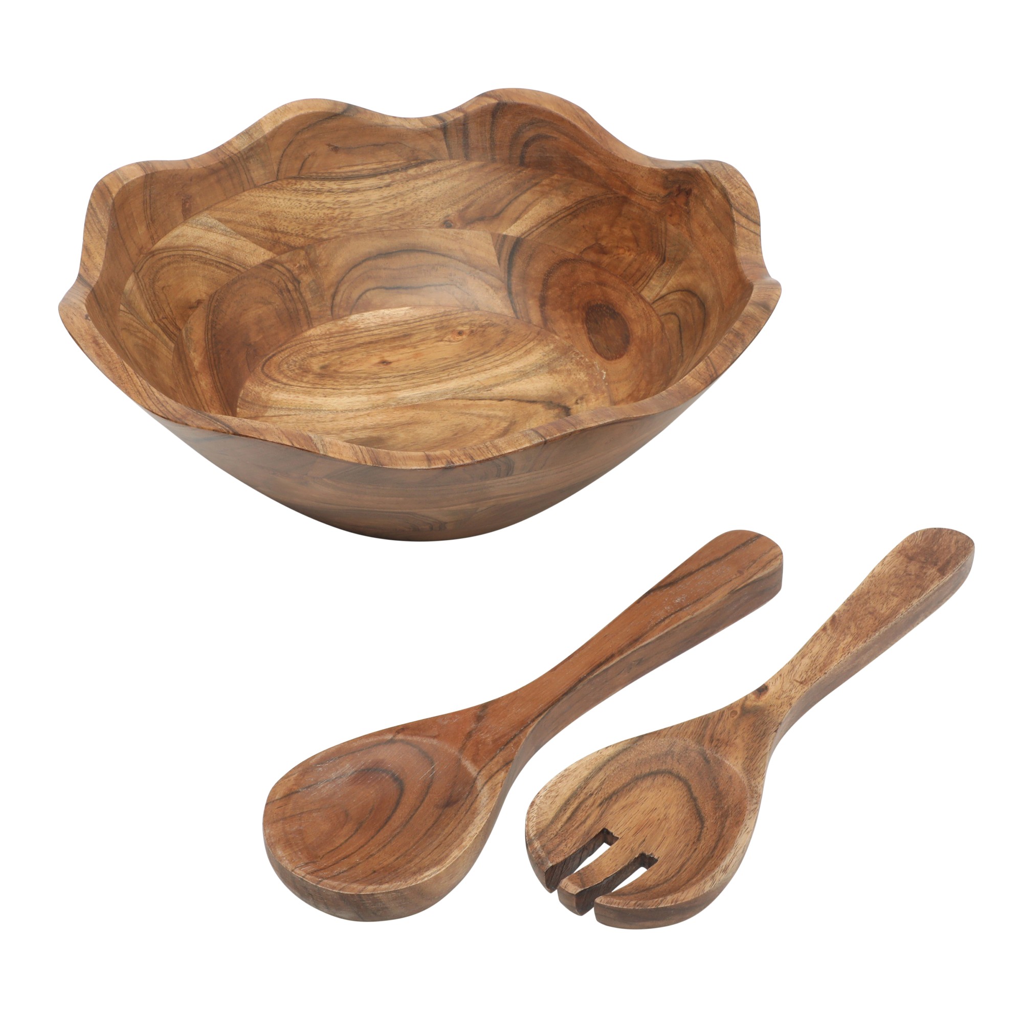 Gibson Home Sandhurst 3-Piece Acacia Wood Salad Bowl Set – 12-Inch Scalloped Serving Bowl with Wooden Salad Servers