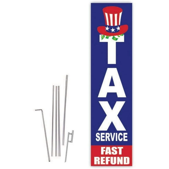 Cobb Promo Tax Service Fast Refund Blue Rectangle Boomer Flag with Complete 15ft Pole kit and Ground Spike