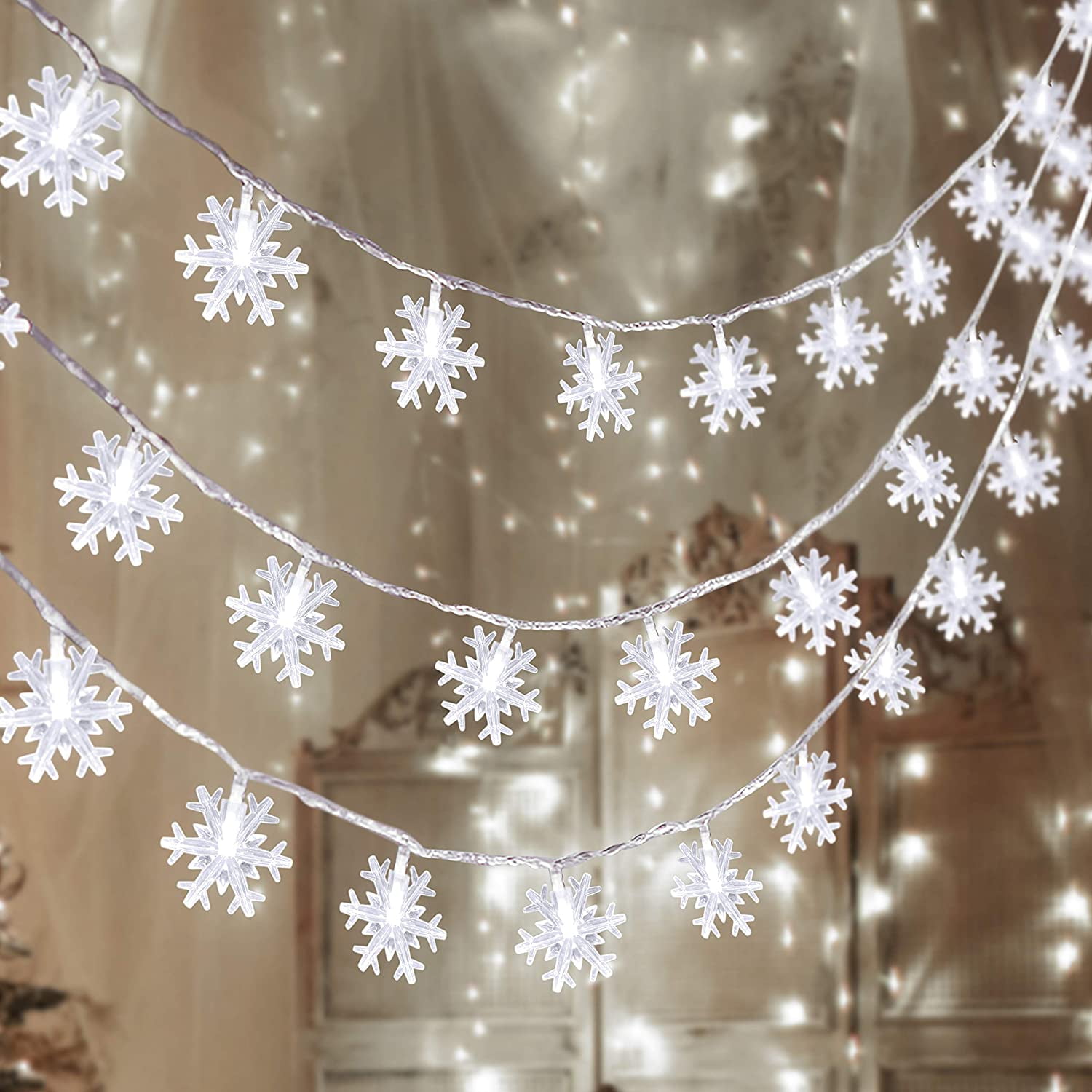 INDOOR/OUTDOOR 5 Snowflake String Lights With 7 clear Lights In Each Flake 