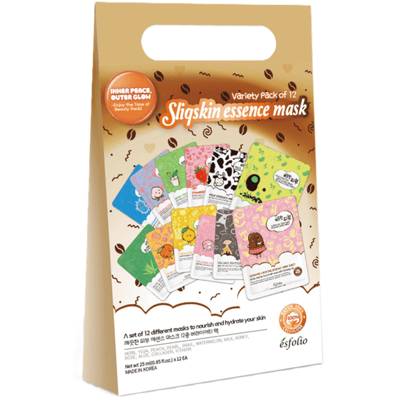 Esfolio Variety Mask Sheet Pack (12 Types), Mocha | Gift Set, 12 sheets/1 box