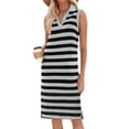 thumbnail image 2 of Sleeveless Women's Striped Summer Dress Casual Polo V Neck Slit Loose Fit T Shirt Midi Dresses, 2 of 8