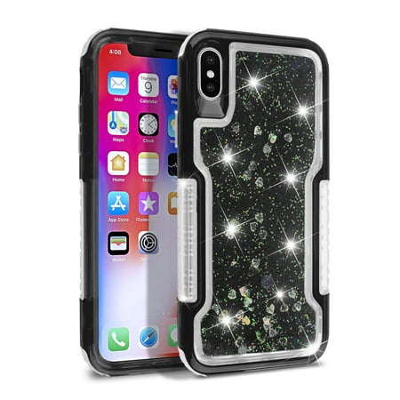 Mignova iPhone X/XS case,3 in 1 Clear Liquid Glitter Case Moving Hearts Shockproof Soft TPU Bumper Shell PC Frames Slim Fit Pretective,for Apple iPhone X/XS 5.8 inch case 2019