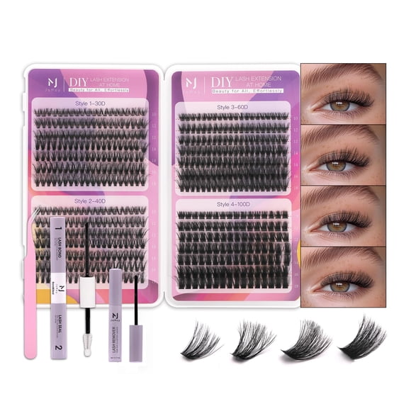 JoMay Lash Clusters Kit 560 extensiones de pestañas en racimo de volumen individual con unión de pestañas y sello impermeable, incluye pinzas y pegamento, rizo D apto para principiantes, 0.394-0.709 i