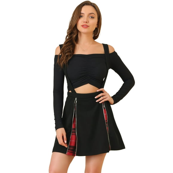 INSPIRE CHIC Women's Plaid Overall Zipper Contrast Strap Mini Suspender Skirt Black XL