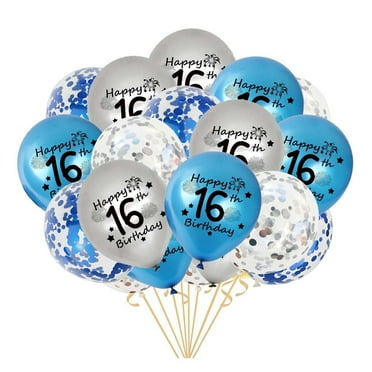 Blue Silver Confetti 16th Birthday Balloon Pack - Celebrate Him with 20 Latex Balloons & Ribbons for Son's 16th Birthday Party - 16 Years Old Anniversary