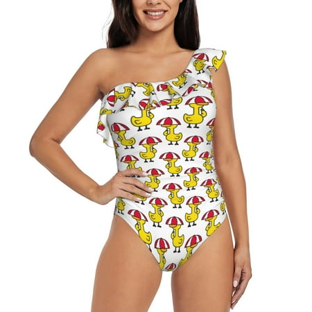 Tideii Rubber Duck Chicken Bird for One shoulder Ruffled Swimsuit  One Piece Tummy Control Swimsuit Summer Swimwear for Adult Women-Small