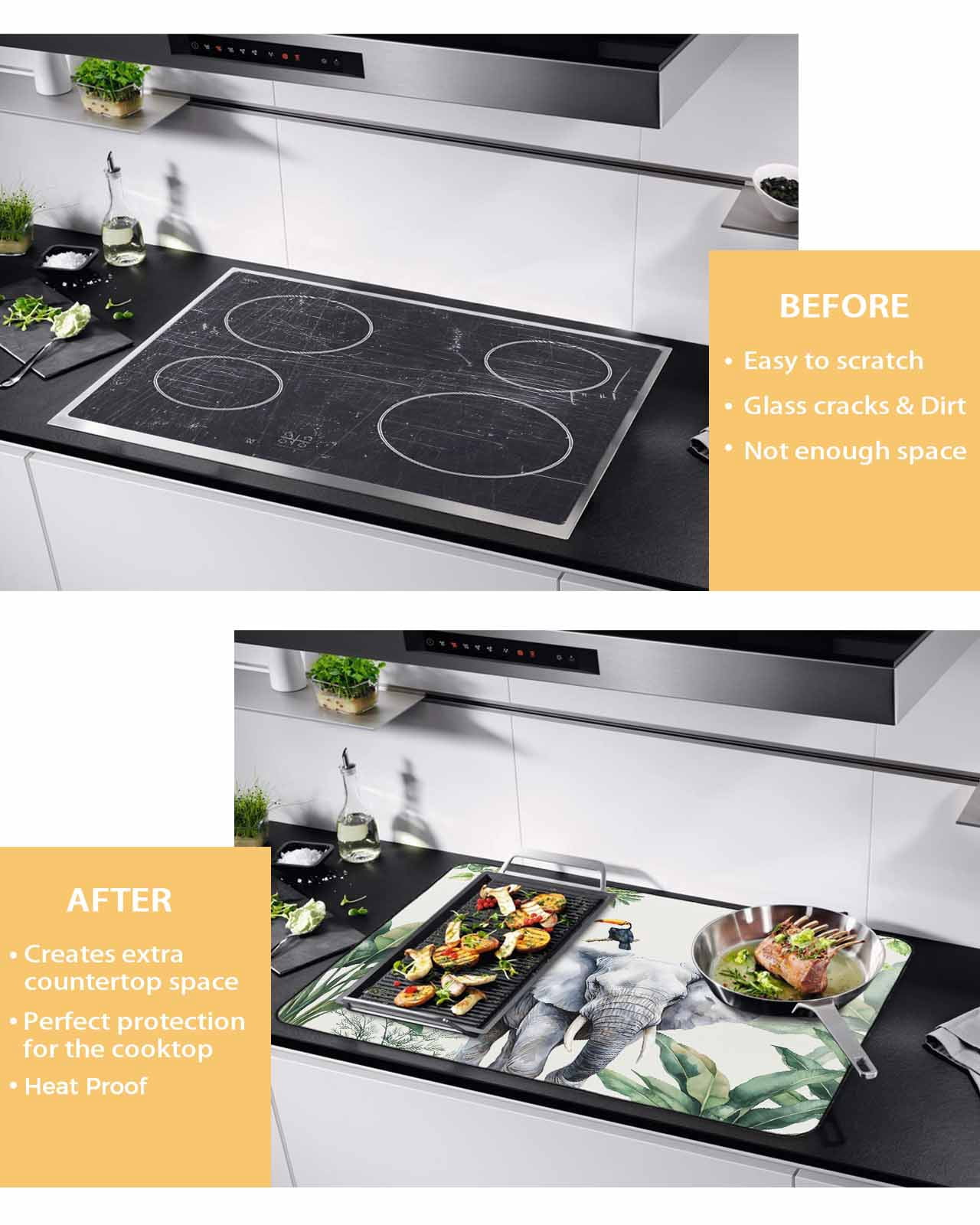 nqOlkjepod Large Induction Cooktop Protector Mat 36"x21", Tropical Elephant Bird Stove Top Covers for Electric Stove, Watercolor Summer Palm Leaf Stove Burner Cover Mats, Glass Top Stove Cover