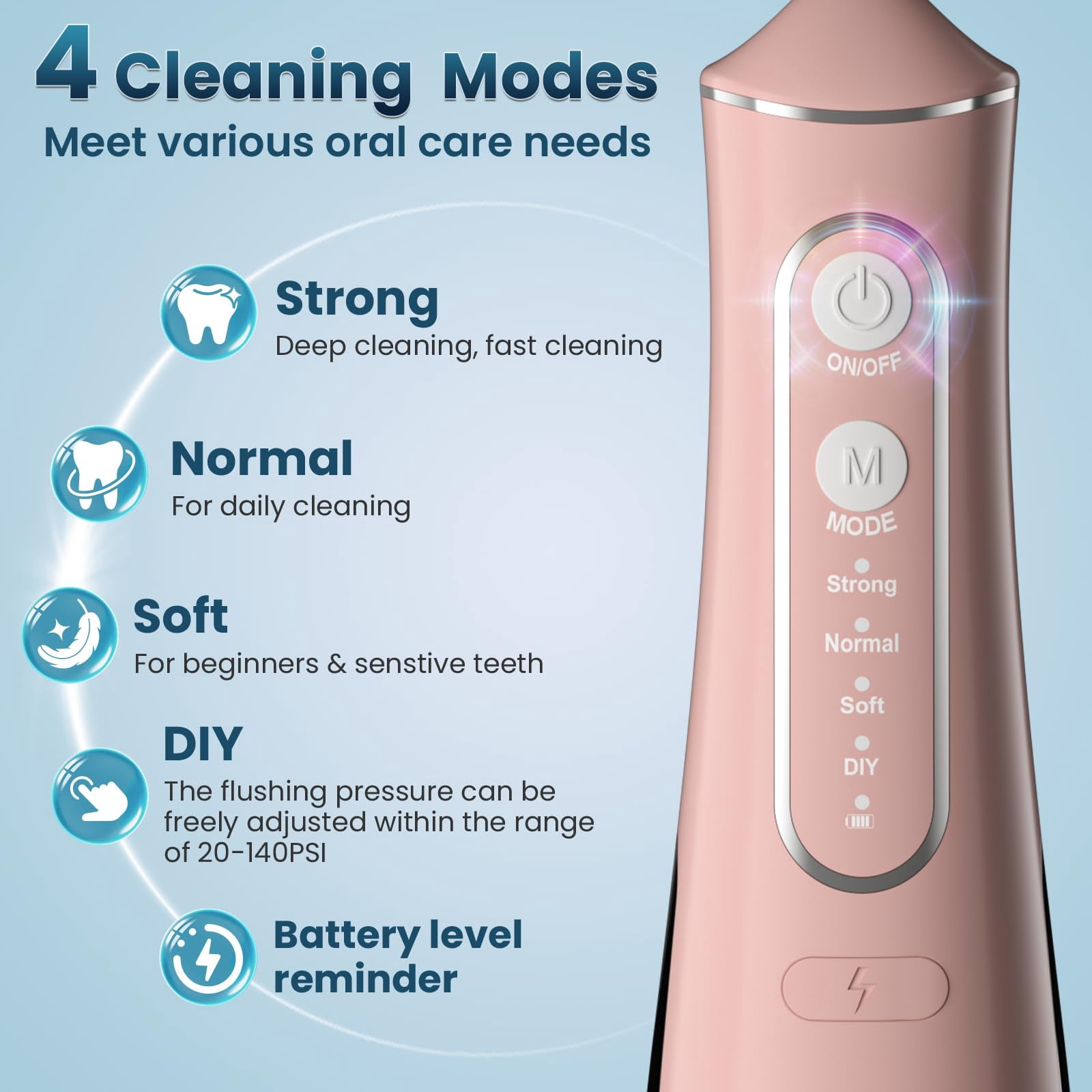 OasiSmile Water Flosser for Teeth Cleaning, Portable Cordless Dental Floss 300ML Rechargeable Oral Irrigator with 5 Jet Tips for Home Travel Office, Pink