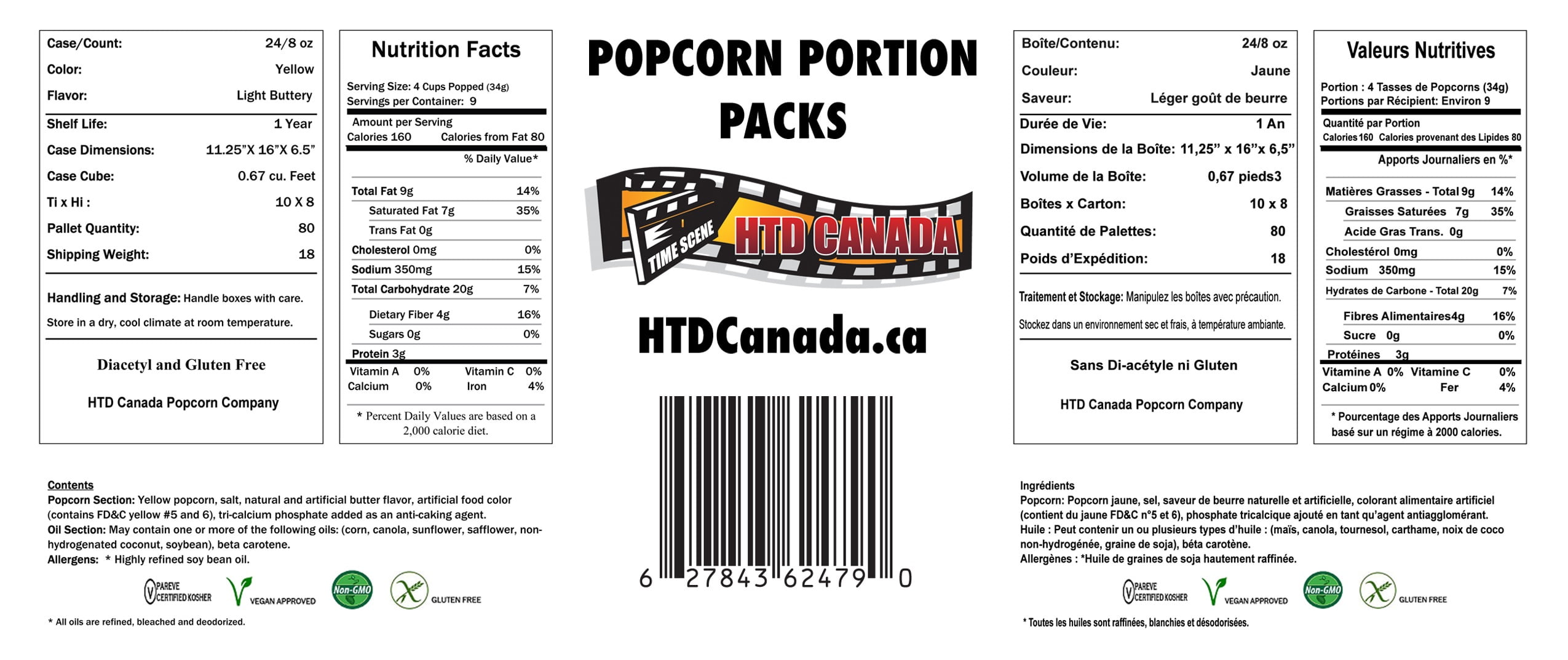 8 oz HTD Canada Popcorn Company Authentic Theater Popcorn Portion Packs