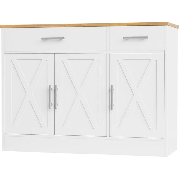 Modern Farmhouse Sideboard Buffet Cabinet with Storage with 3 Doors,42" Barn Doors Buffet Cabinet with Storage, Wood Coffee Bar Cabinet with Adjustable Shelf for Kitchen Living Room,White
