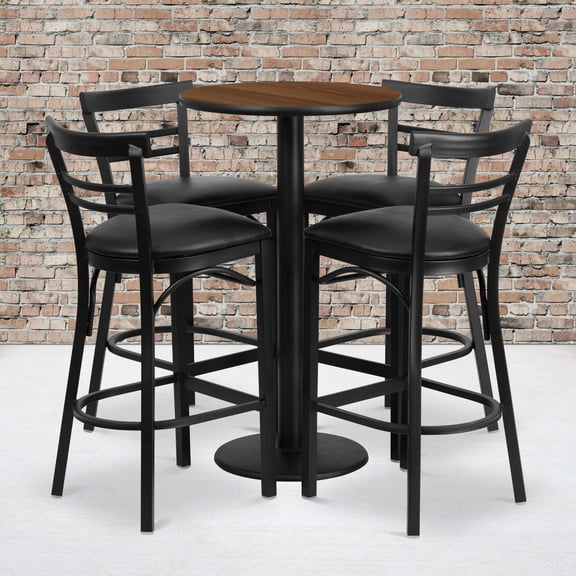 Flash Furniture 24'' Round Walnut Laminate Table Set with Round Base and 4 Two-Slat Ladder Back Metal Barstools - Black Vinyl Seat
