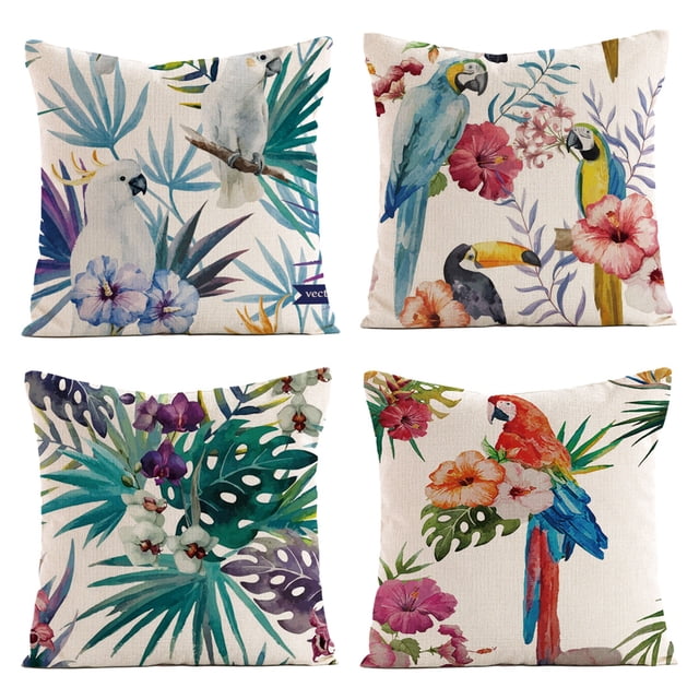 Funda de almohada con decoración de pájaros para exteriores, cojín de primavera con estampado de flores y pájaros, juego de 18x18 para 4 días