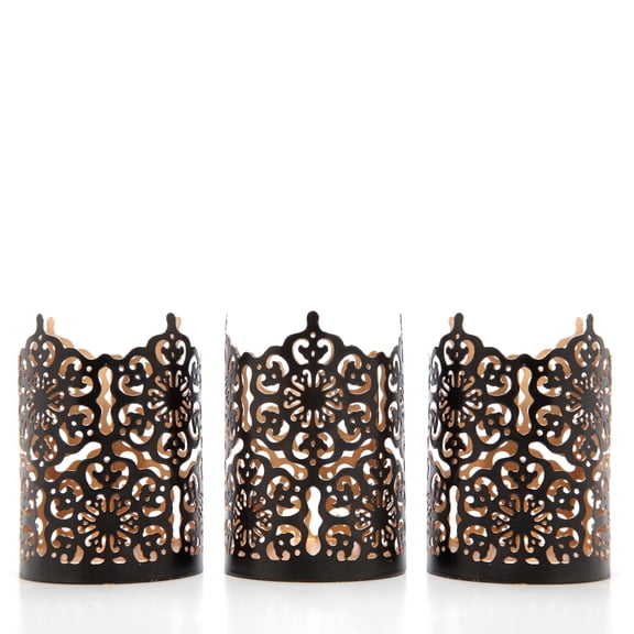 Hosley Set of 3 Black Metal Candle Holders, 4-Inch Lattice Cut Lanterns for Tabletop Home Decor