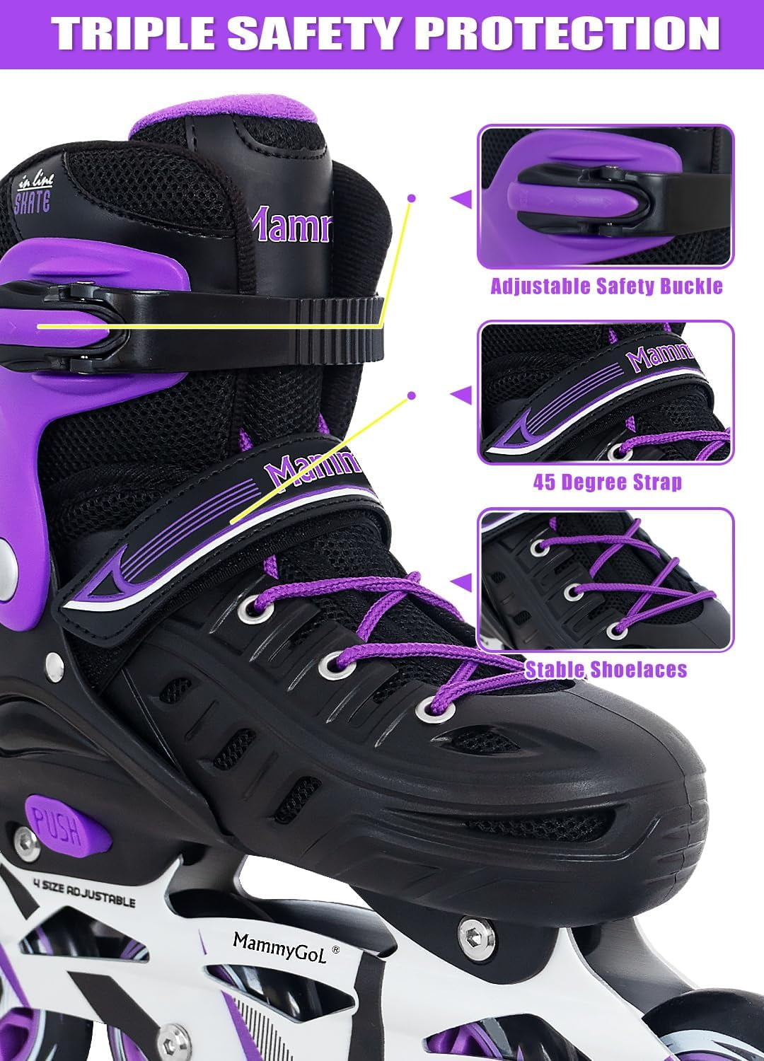MammyGol Adjustable Inline Skates for Youth & Adults PU Wheels Safety Brake Purple (Teen Boys, Girls, Beginner-Friendly)