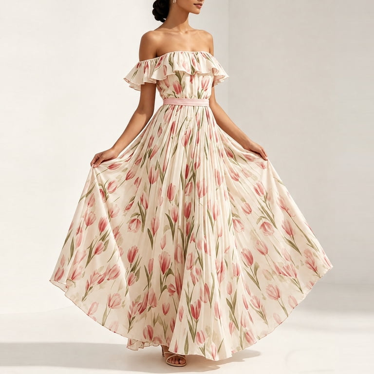 long flowy elegant dresses KLHDSF For Women Off The Shoulder Floral High Waist A Line Summer Dress Pink XXL color family: yellow