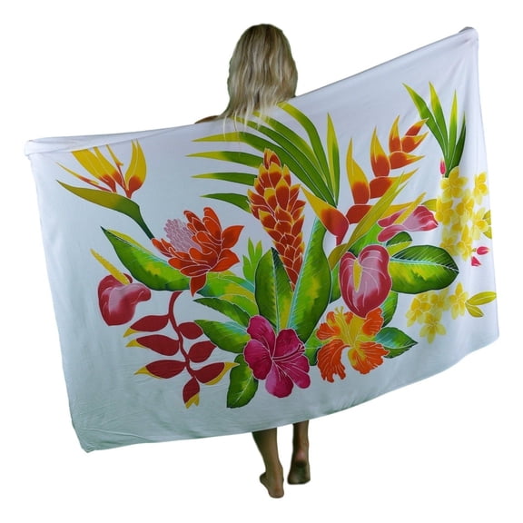 Island Style Women's Pareo Sarong Cover-up- Hawaiian Floral Print, White