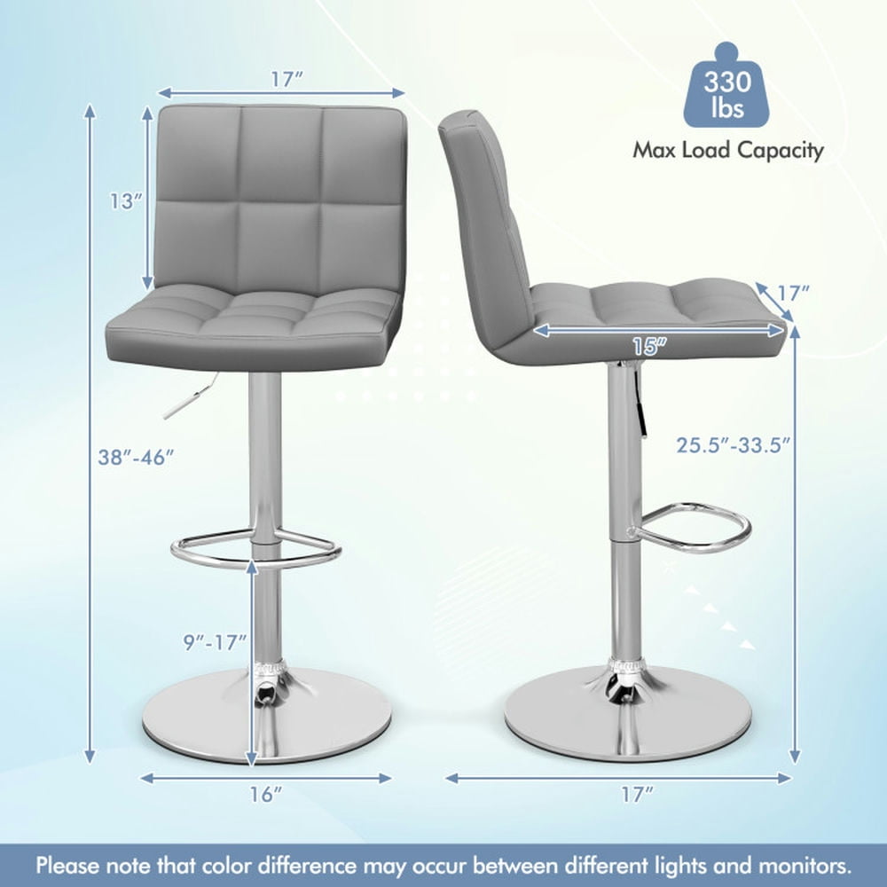 Demi Bonn Armless PU Leather Bar Stool with Adjustable Height and Swivel Seat, Modern Dining Chair with Backrests, Gray