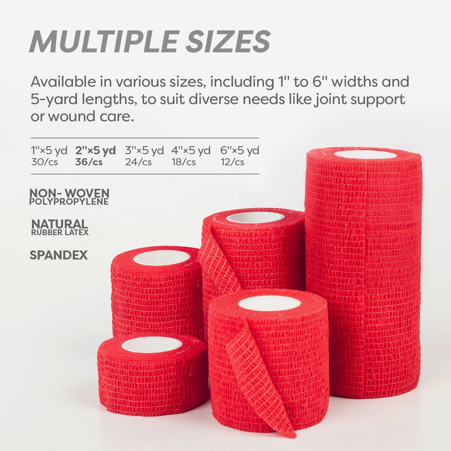 Dynarex Sensi-Wrap Self-Adhesive Bandages, 36-Pack, 2" x 5 yards, Red, Latex, Colored Elastic Cohesive Athletic Tape, Tattoo Grip & Vet Wrap