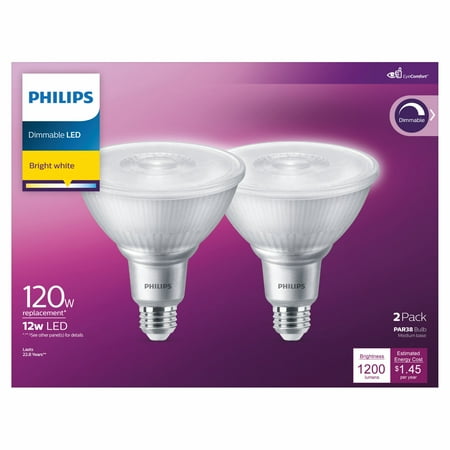 Philips LED 120-Watt PAR38 In/Outdoor Flood Light Bulb, Bright White, Dimmable, 40° Beam Spread, E26 Medium Base (2-Pack)