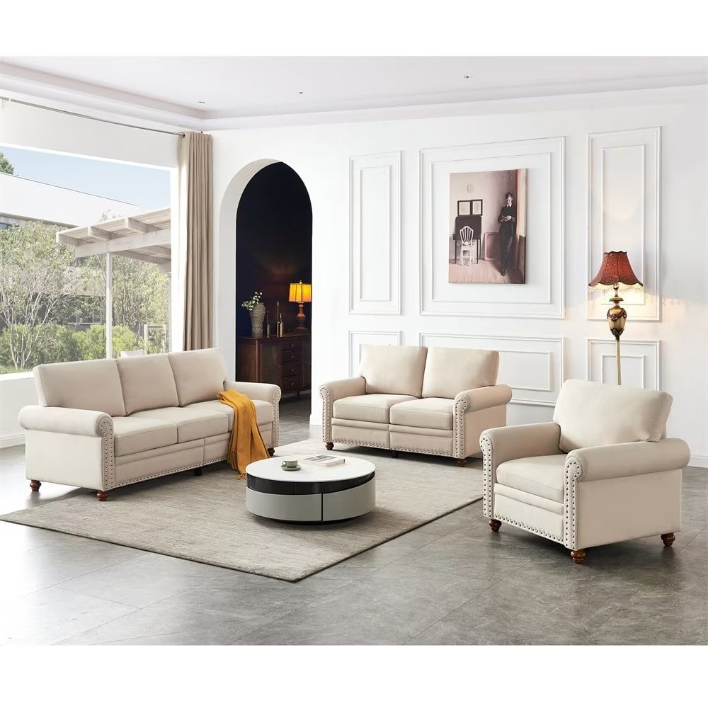 3 Piece Living Room Set with 3-seat Sofa Loveseat Armchair, Upholstered ...