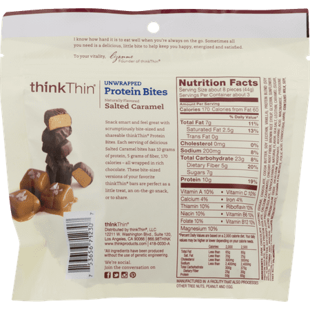 thinkThin Protein Bites, Salted Caramel, 4.5 oz Bag, 3 Servings, 6 count