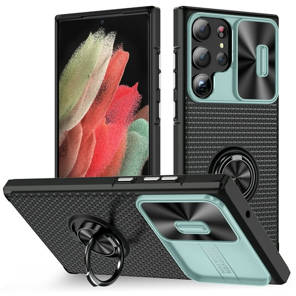 for Samsung Galaxy S23 Ultra Armor Case with Camera Lens Sliding Protection,Military Grade Shockproof Finger Ring Kickstand Slim [Support Magnetic Car Mount] Phone Case,Celadon Black