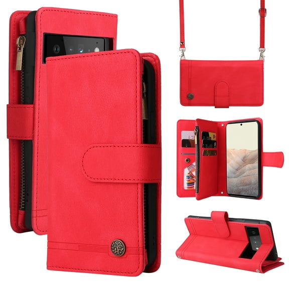 SaniMore Case for Google Pixel 7 6.3" 2022, PU Leather Zipper Wallet Cover [RFID Blocking] Card Slot Magnetic Clsap Flip Folio Wrist/Crossbody Strap Kickstand Full Protective Cover, Red