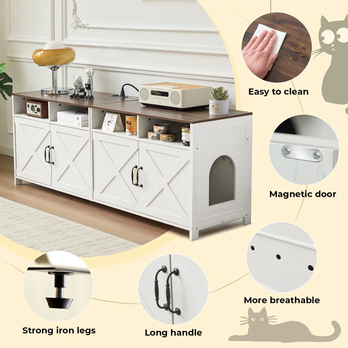 JanflyHome Hidden Litter Box Enclosure & 63"W TV Stand Furniture & Double Litter Box For 2 Cats, Farmhouse Inclosed Litter Boxes For Cats with Outlet Power