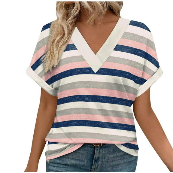 Jalioing Striped T Shirt Women's V Neck Casual Short Sleeve Dropped Shoulder Tees Tops Summer Fashion Loose Shirts