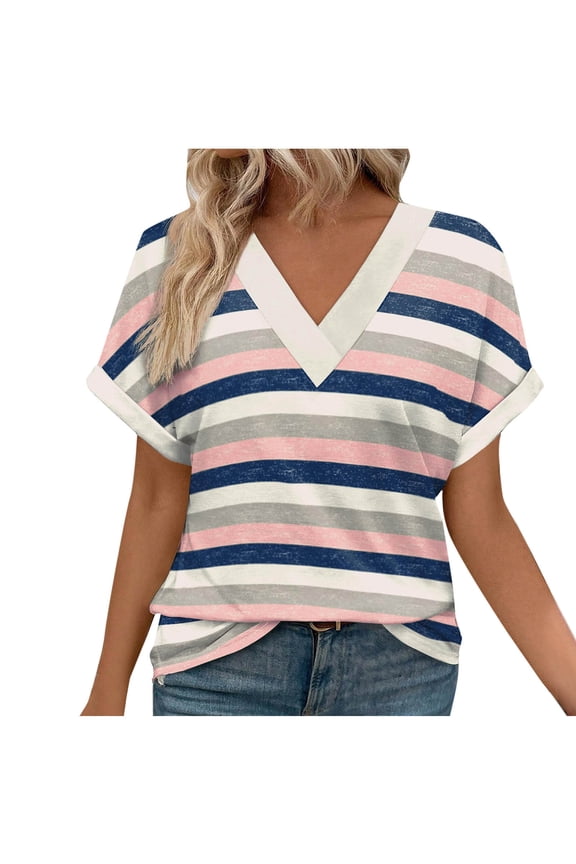 Womens Striped T-shirts Summer Casual Raglan Tees V-Neck Breathable Cap Sleeve Pullover Top