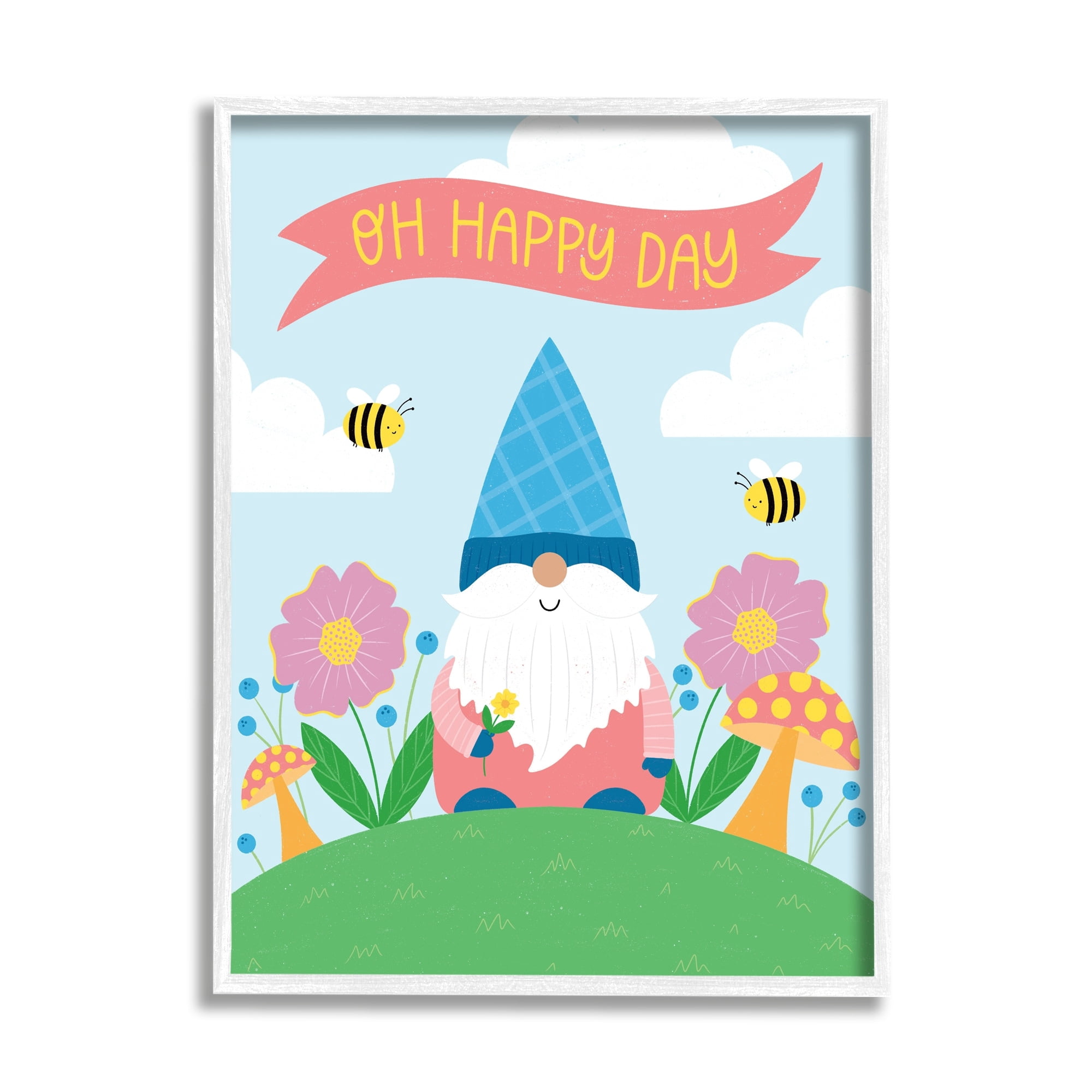 Oh Happy Day Garden Gnome Flowers Mushrooms Bees Botanical & Floral Graphic Art Framed Art Print Wall Art