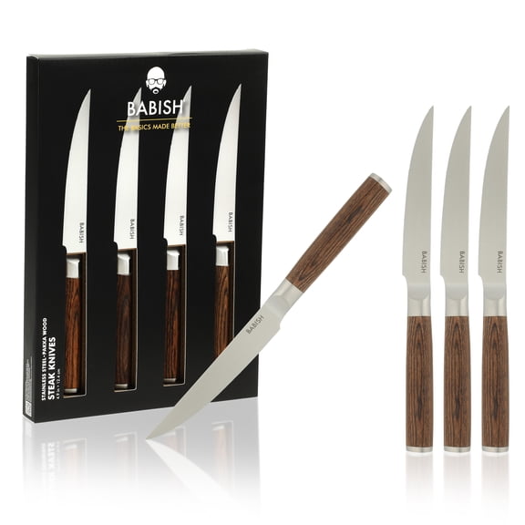 Babish 4-Piece 1.4116 German Stainless Steel Steak Knife Set with Dark Pakka Wood Handles – Full-Tang Steak Knives for Dining, Entertaining & Everyday Table Use