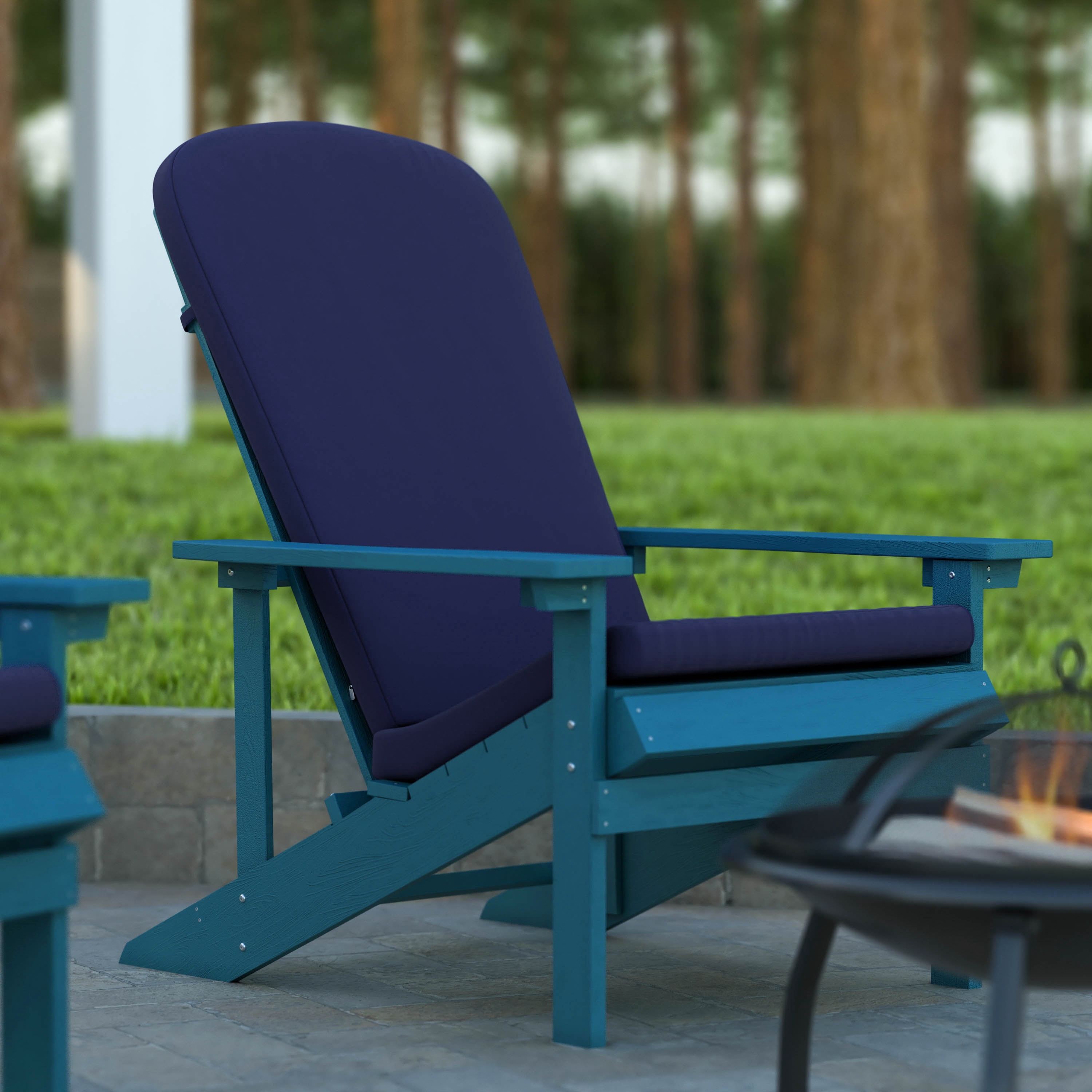Emma + Oliver Set of Two Blue All-Weather Polyresin Adirondack Chairs with Blue Cushions