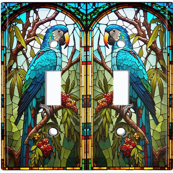 Metal Light Switch Wall Plate Outlet Cover (Printed Image of Stained Glass Parrot - Double Toggle)